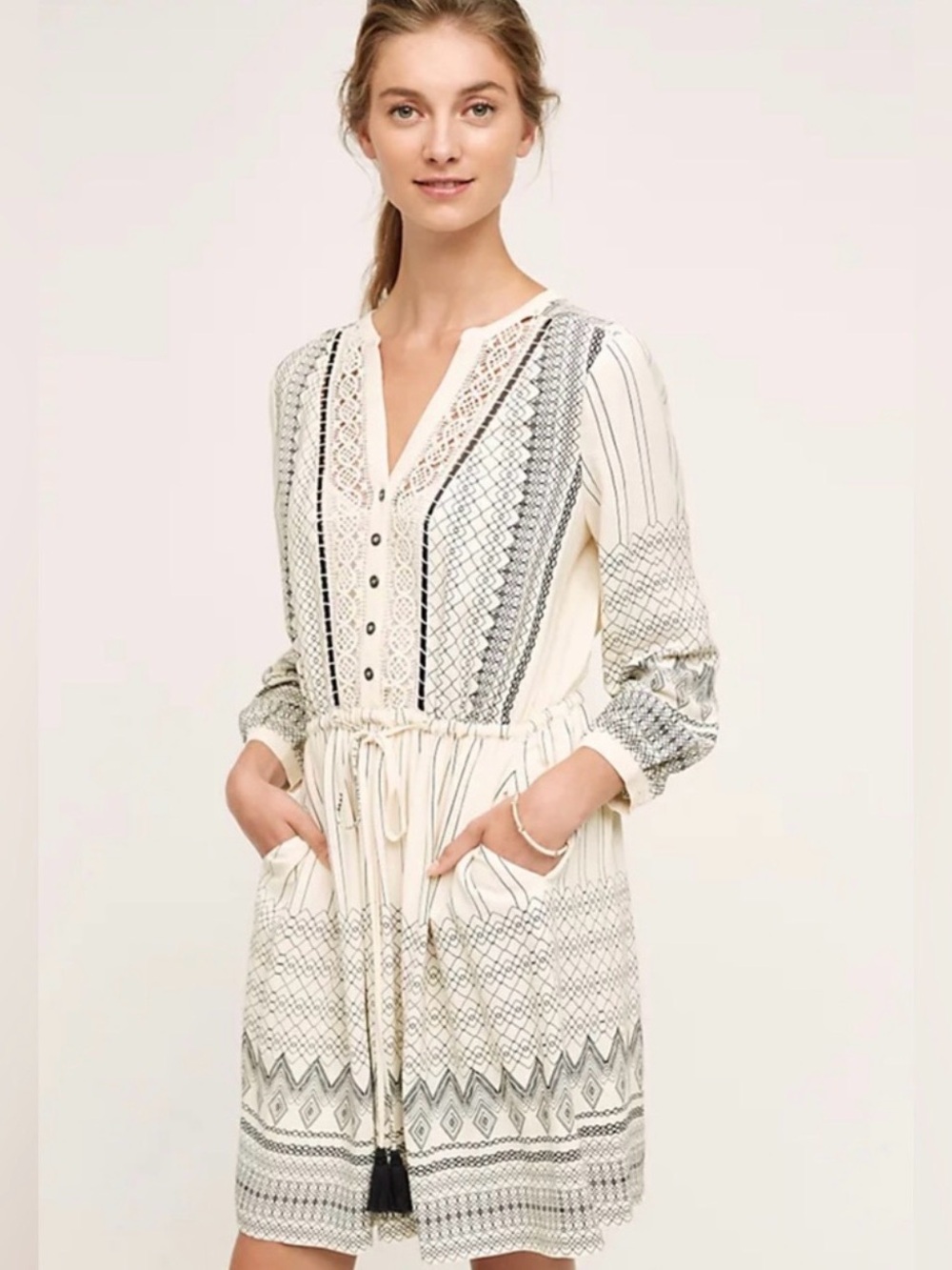 Floreat for Anthropologie Cream Perrie Lace Button-Front Dress